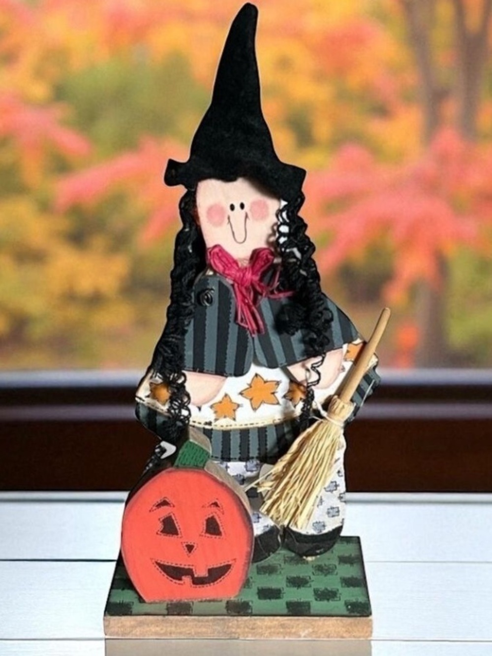 Wooden Halloween Good Witch Figurine with Curly Black Hair and Broom 11”